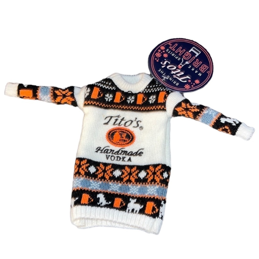 Tito’s Handmade Vodka Bottle Holiday Christmas Sweater Bottle Koozie with tag